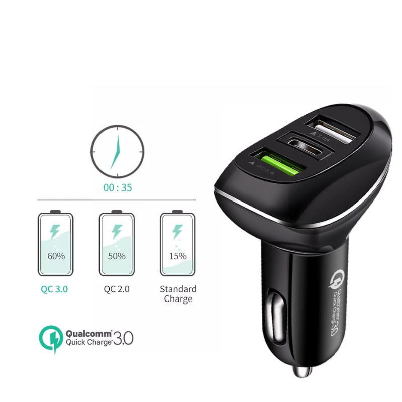 Triple Source Car Charger 2x USB And Type C Ports Vista Shops
