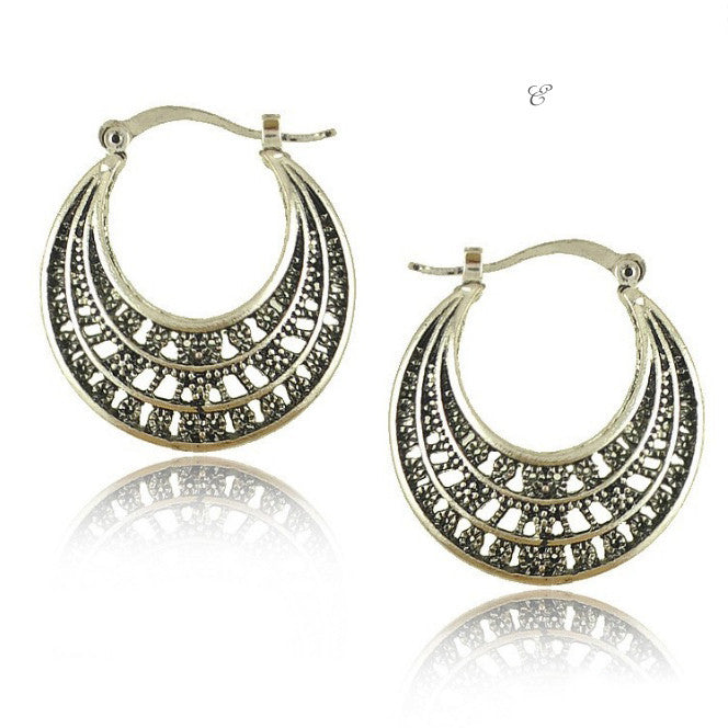 Silver Tribal look Filigree Hoop Earrings For World Traveller Vista Shops