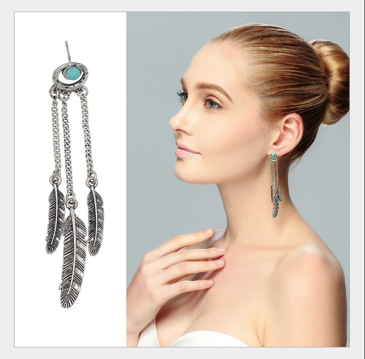 Dreamer Turquoise Earrings With Golden And Silver Tone Feathers Vista Shops