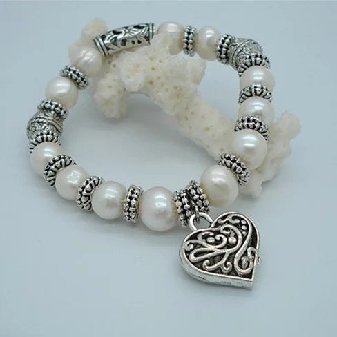 Charming Heart Pearl And Silver Bracelet Vista Shops