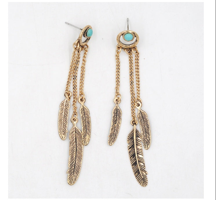 Dreamer Turquoise Earrings With Golden And Silver Tone Feathers Vista Shops