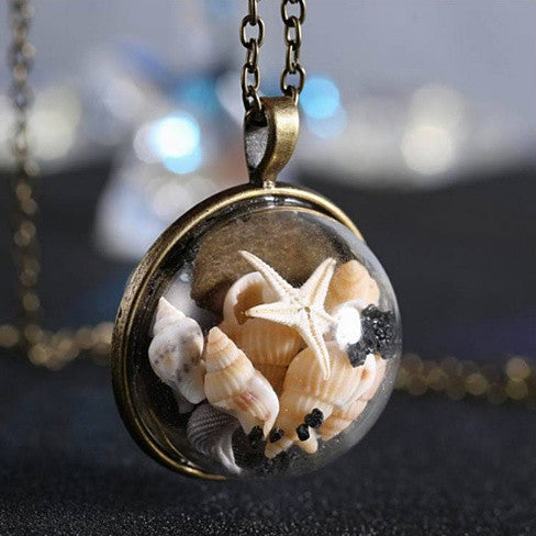BEACH GIRL Sea Shells In Glass Locket Pendant Necklace Vista Shops